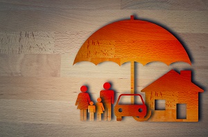 family, home and car under umbrella
